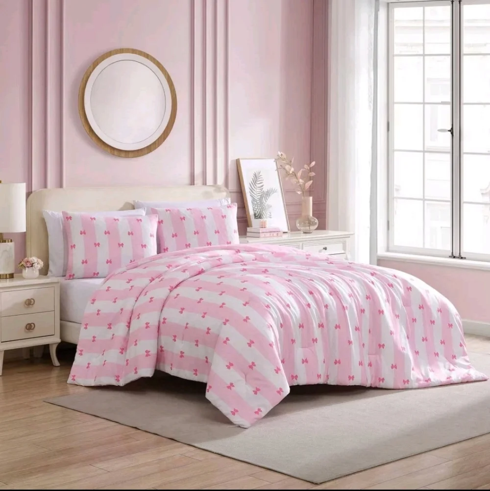 8pc Betseyville by Betsey Johnson Queen Bow Striped Bed Set Bright Pink